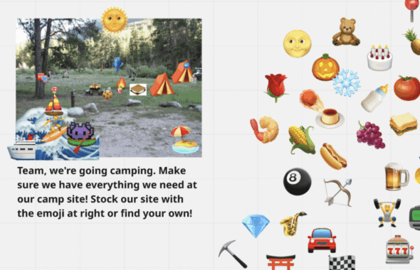 A screenshot depicting a portion of a Miro board where emoji decorate a photo of an empty camping site.